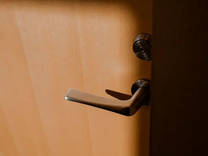 Metal lever handle on a wooden door