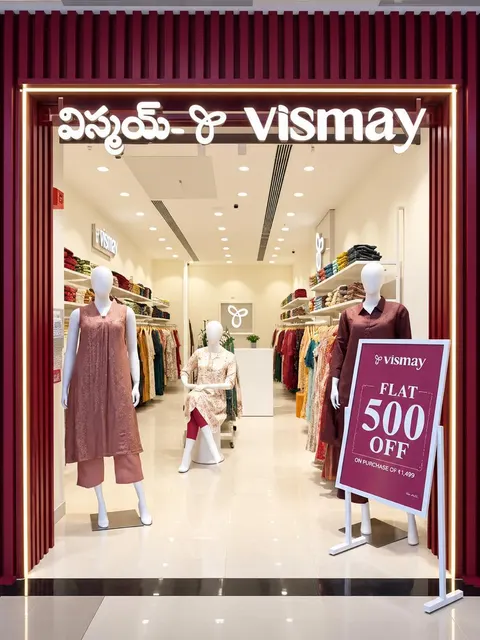 The Vismay Hyderabad storefront with its maroon slatted frame and backlit signage
